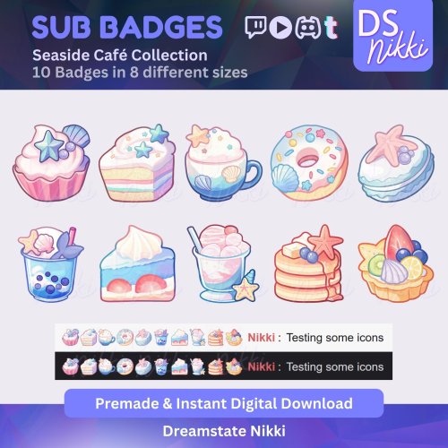 More information about "Seaside Cafe Badges, Twitch Sub Bit Badges & Emotes, Point Badges, Live Stream Badges for Twitch, YouTube, Discord, TikTok"