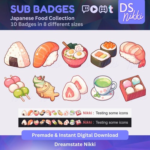 More information about "Japanese Food Badges, Twitch Sub Bit Badges & Emotes, Point Badges, Live Stream Badges for Twitch, YouTube, Discord, TikTok, Kawaii, Cute"