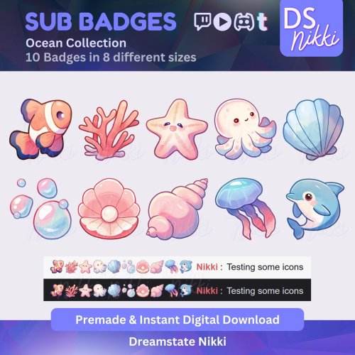 More information about "Ocean Sea Badges, Twitch Sub Bit Badges & Emotes, Point Badges, Live Stream Badges for Twitch, YouTube, Discord, TikTok"