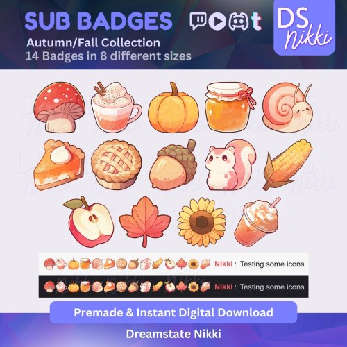 More information about "Autumn Fall Badges, Cottagecore Twitch Sub Bit Badges & Emotes, Point Badges, Live Stream Badges for Twitch, YouTube, Discord, TikTok"