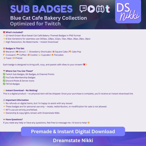 Blue Kawaii Cat Cafe Bakery Twitch Badges | Cute Pastel Sub Bit Badges ...